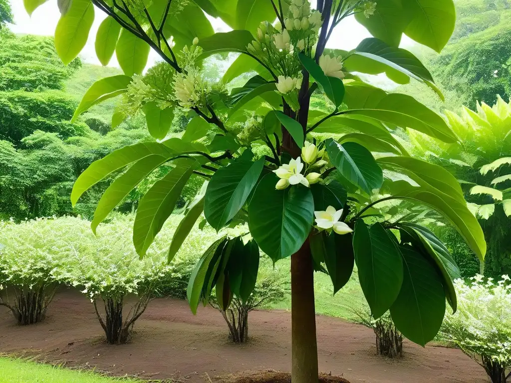 Producción sostenible de cacao para chocolate: árbol con hojas verdes, flores blancas y mazorcas maduras en crecimiento