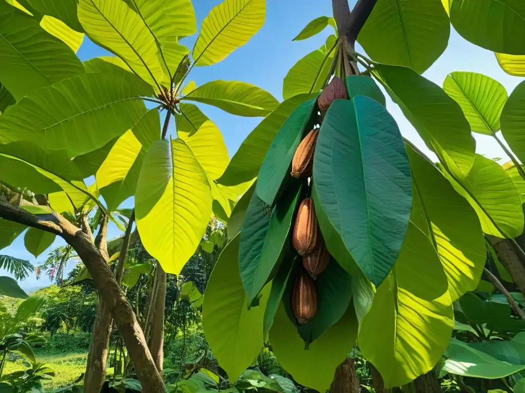 Producción sostenible de cacao: Detalle de un árbol de cacao con hojas verdes y vainas maduras, bajo un cielo azul y sol brillante