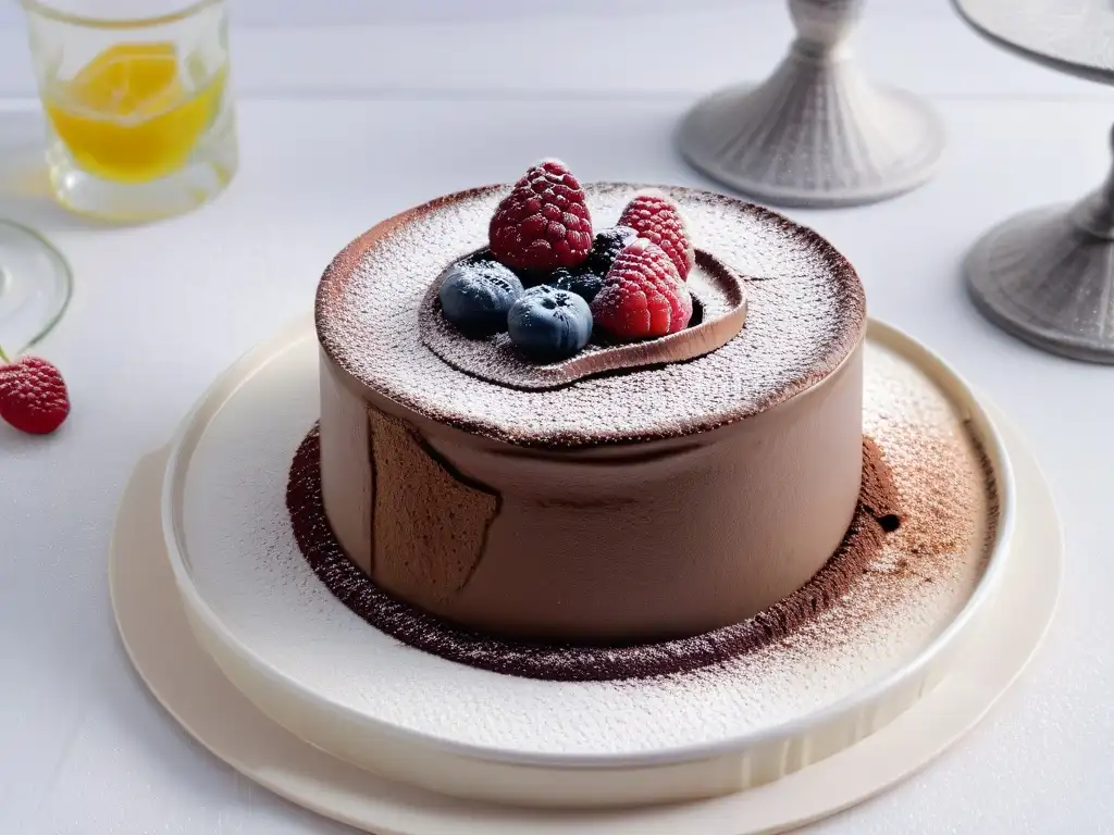 Soufflé de chocolate gourmet con textura esponjosa y brilloso, decorado con cacao y frambuesas frescas