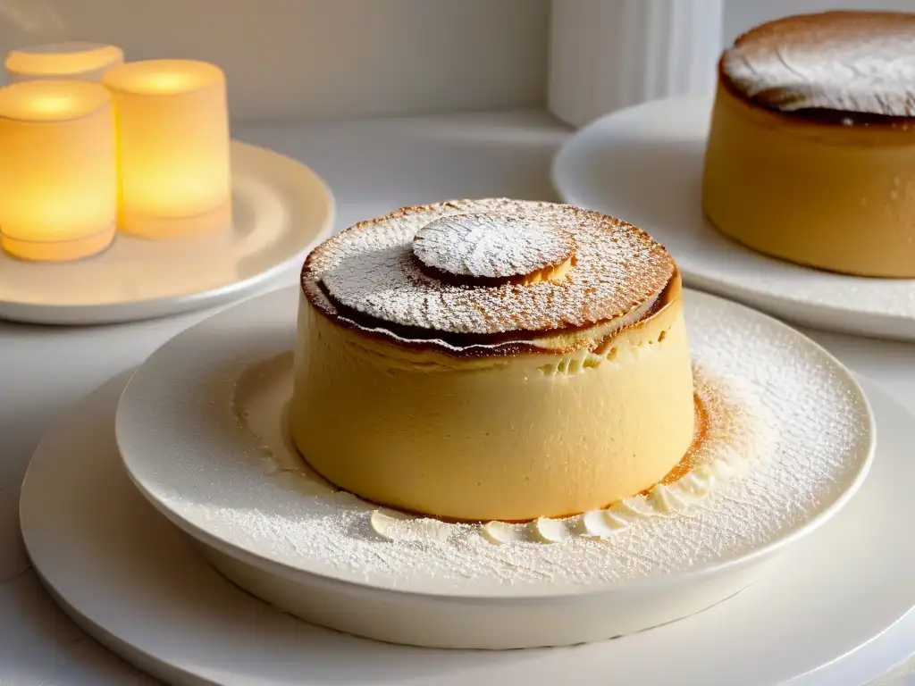 Un soufflé dorado con azúcar glas, en un entorno elegante y minimalista