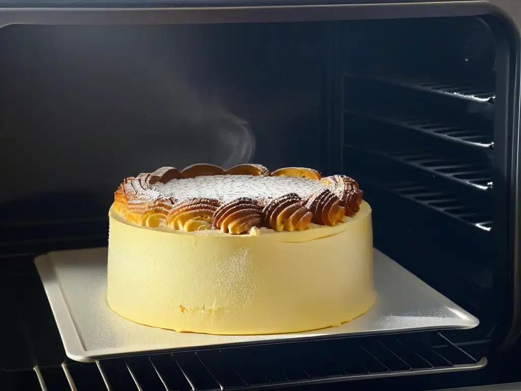 Un soufflé dorado perfectamente horneado en un horno de convección, revelando secretos de repostería con elegancia y precisión