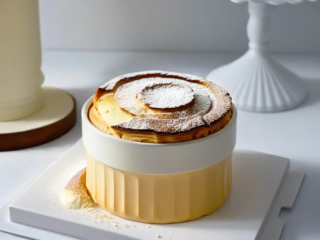 Un soufflé dorado perfectamente horneado en un ramekin blanco, detalle impresionante del sistema puntuación concursos repostería