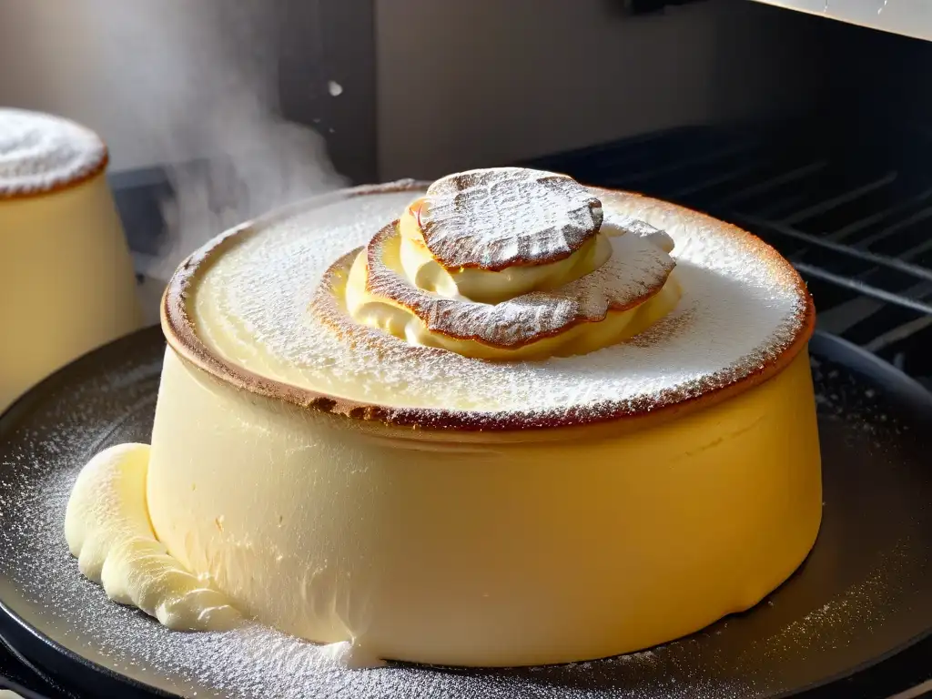 Un soufflé dorado perfecto saliendo del horno, con vapor y textura en detalle