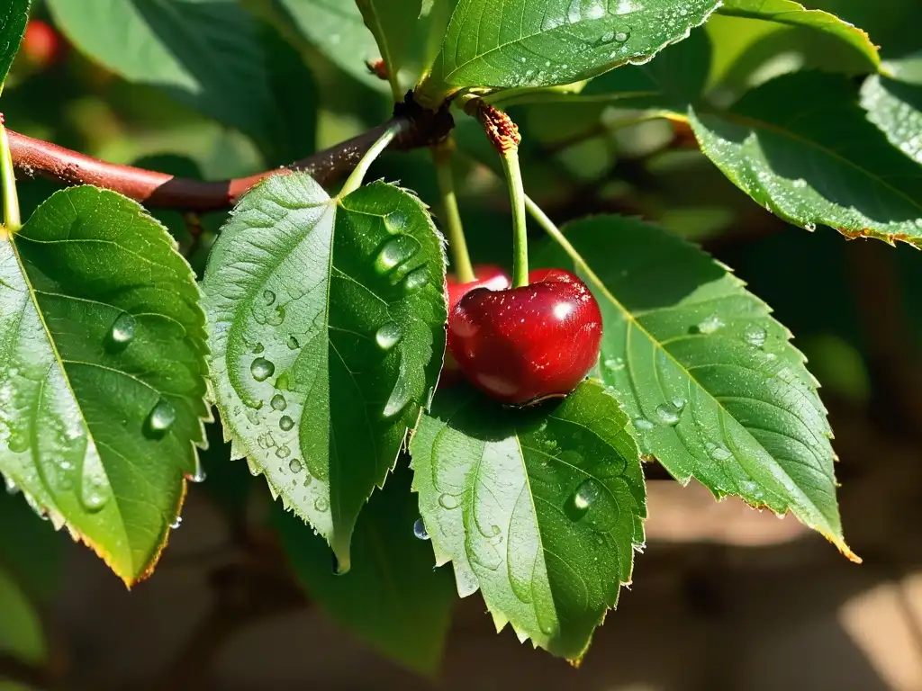 Suave cereza madura brillante con rocío, rodeada de hojas verdes, evocando una cosecha veraniega