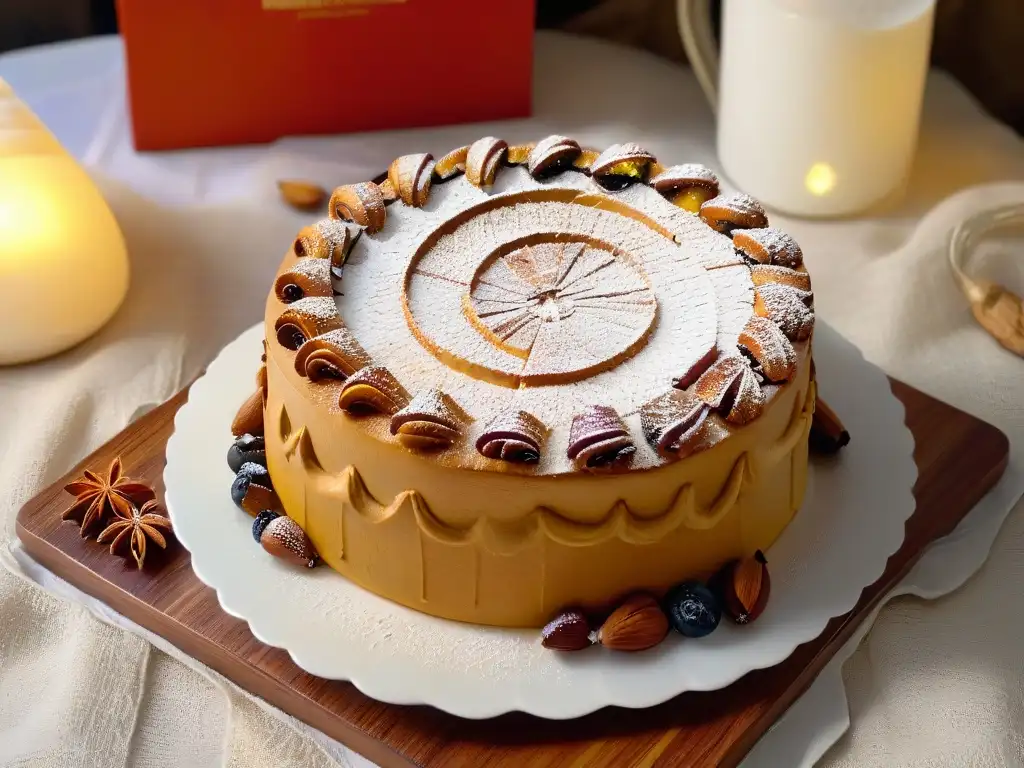 Un suculento Bolo del Rei mozambiqueño, con preparación tradicional, destacando su elaborada decoración dorada de almendras y frutas confitadas
