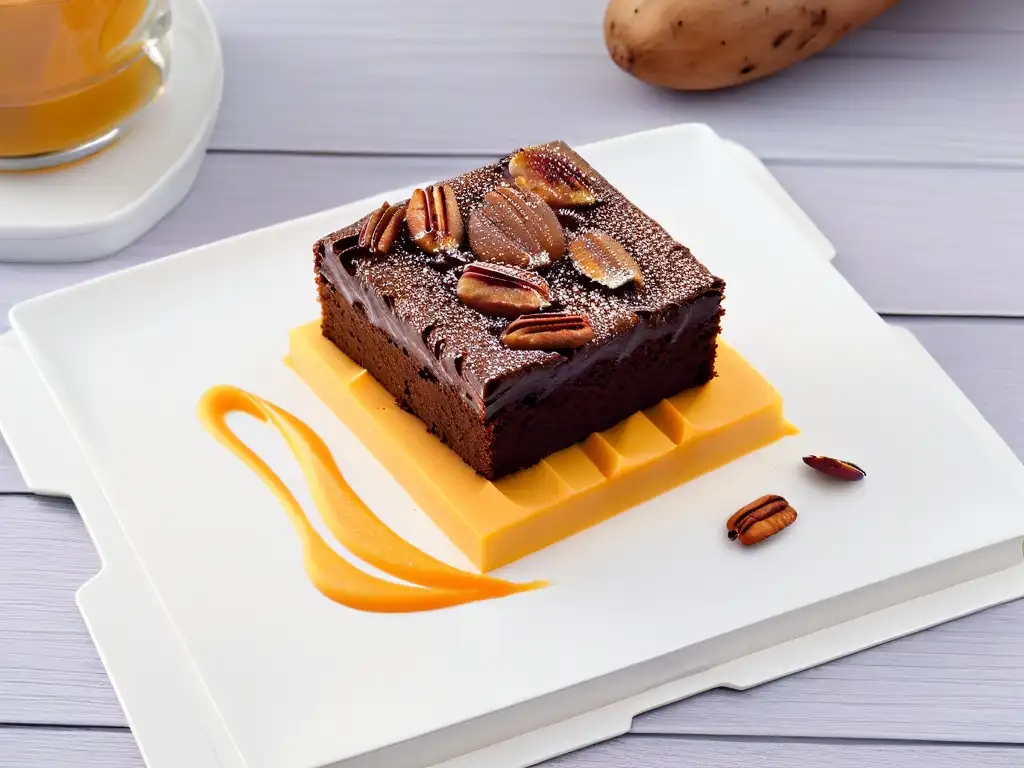 Brownie decadente con puré de batata y pecana Un suculento brownie con batata, canela y nuez en plato blanco moderno