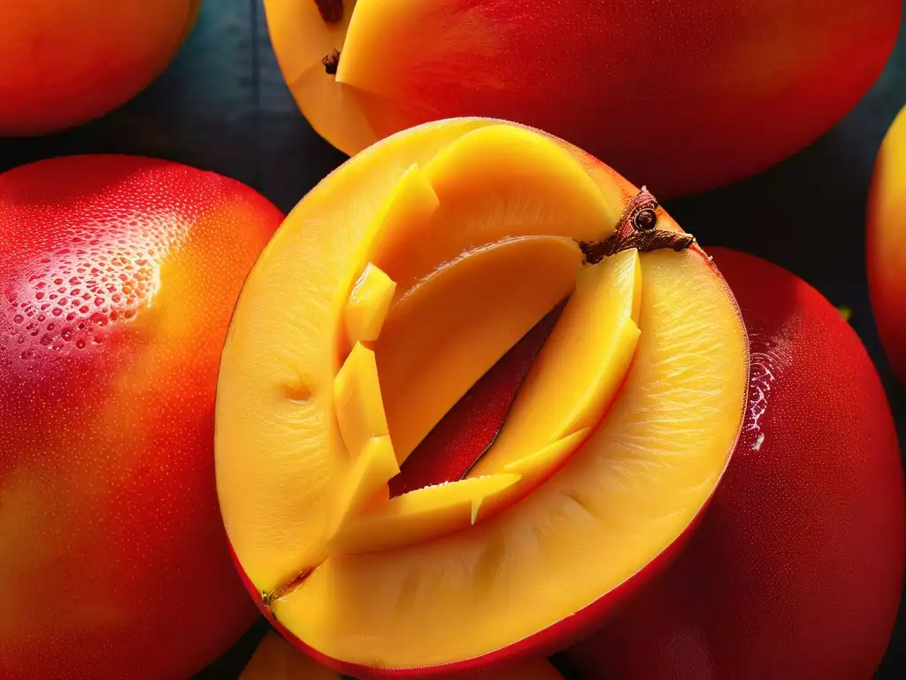 Dulce y jugoso mango maduro, detalle ultra vibrante Suculento mango maduro cortado, resaltando su dulzura natural