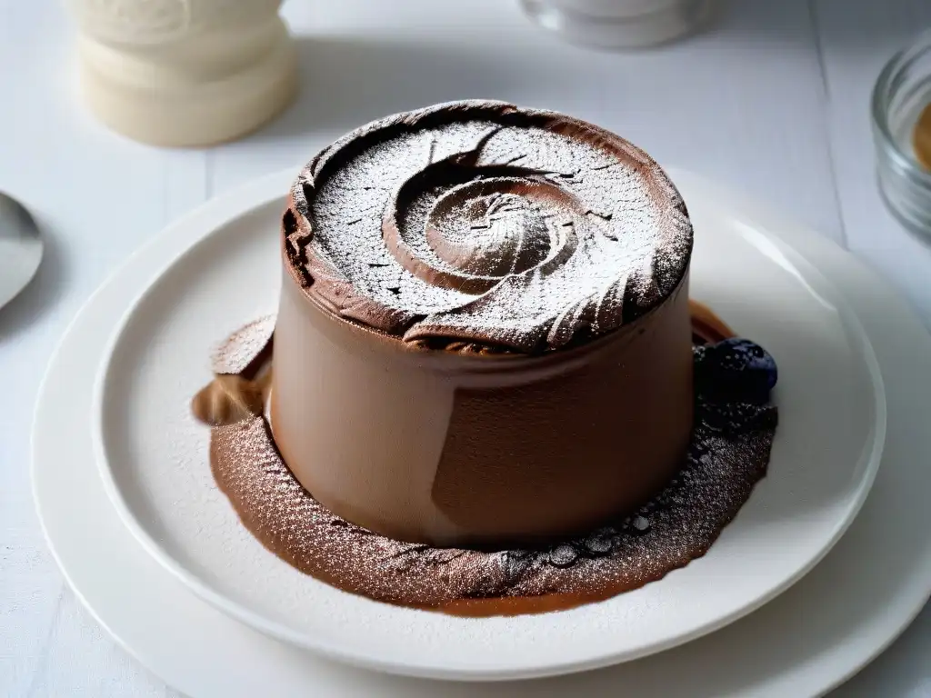 Un suculento soufflé de chocolate dorado con textura esponjosa y centro fundido, en un delicado ramekin blanco