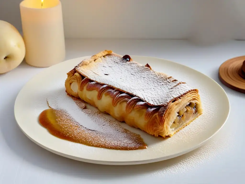 Un suculento strudel de manzana dorado reposando en un delicado plato de porcelana, espolvoreado con azúcar glass