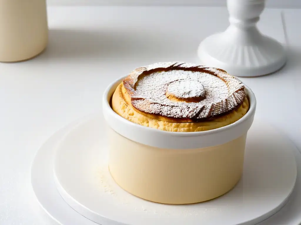 Un suflé dorado y perfectamente horneado en un ramekin blanco, con textura y altura