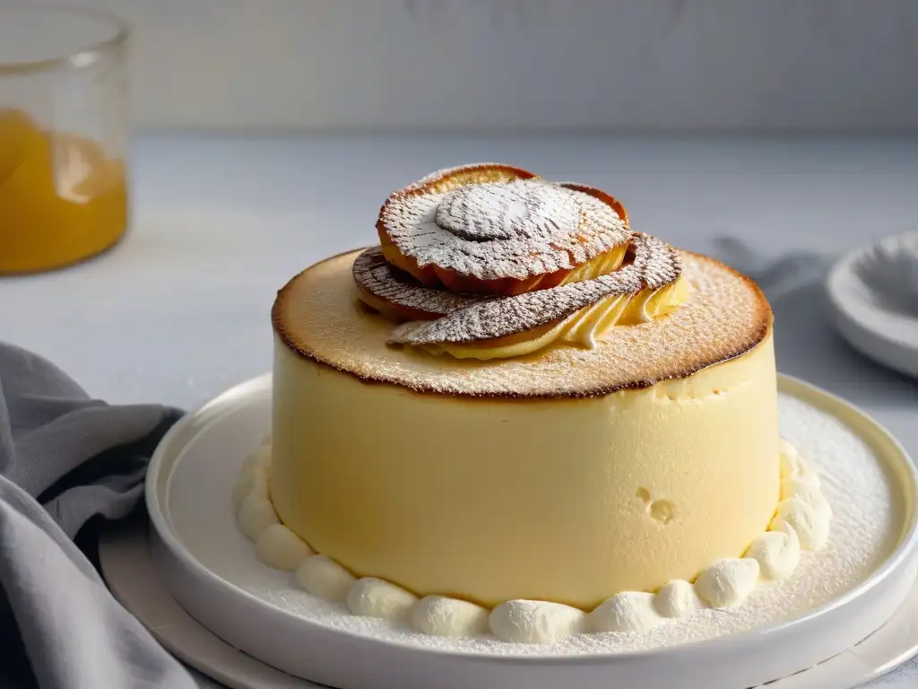 Un suflé vegano dorado y esponjoso, con vinagre de manzana, en un ramekin blanco