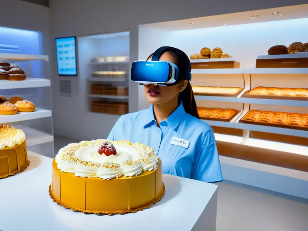 Sumérgete en la experiencia de aprender repostería en realidad virtual con un headset futurista en un entorno de pastelería detallado y realista