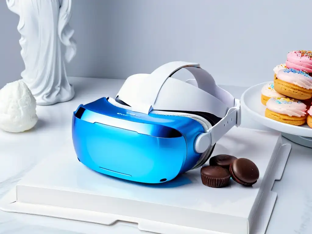 Sumérgete en un mundo de contrastes entre tecnología y tradición: un auricular de realidad virtual brillante rodeado de delicias dulces