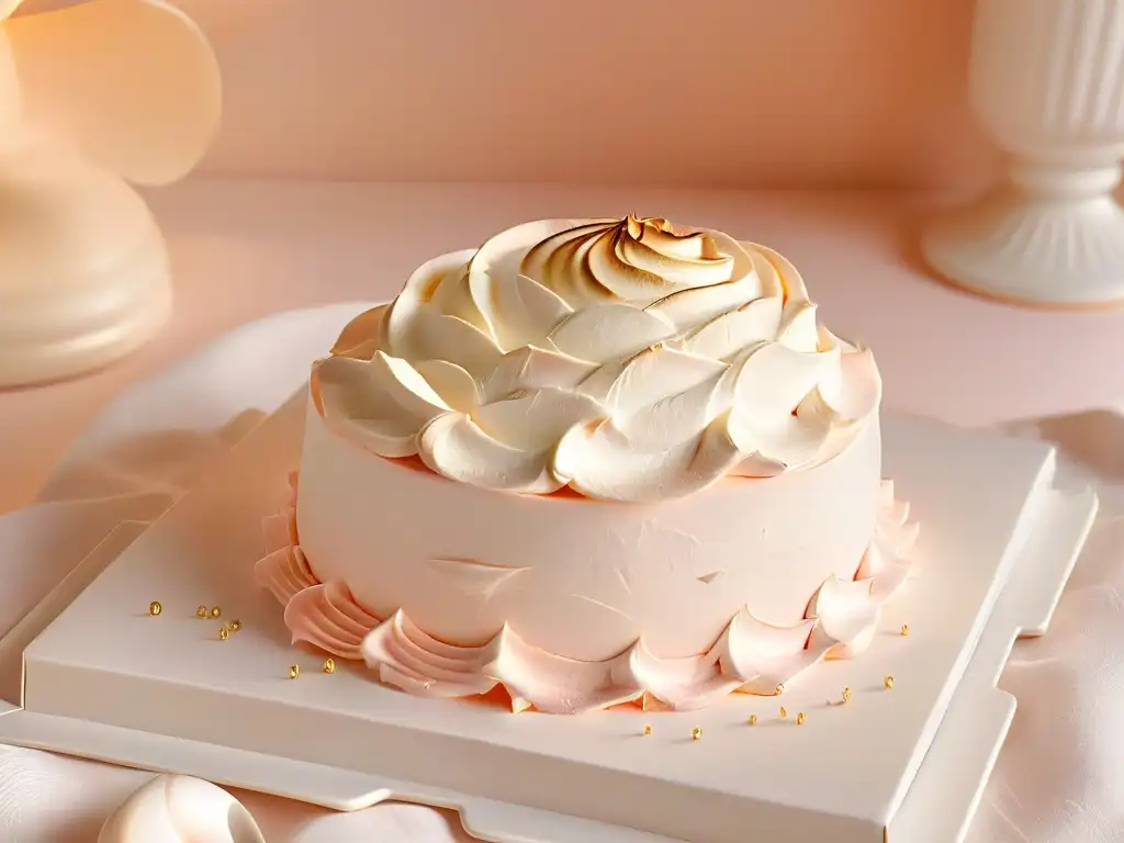 Exquisito merengue dorado en plato rosa pastel Un suspiro de limeña merengue dorado sobre plato rosa pastel