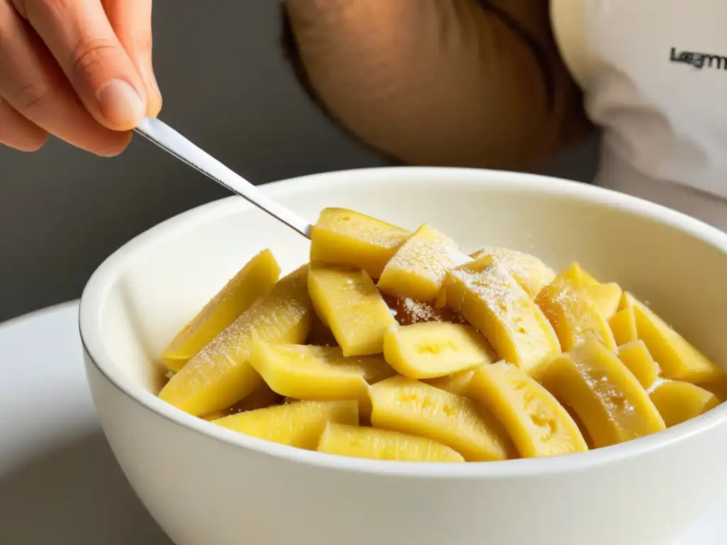 Sustituto huevo plátano recetas: Chef preparando puré de plátano en un tazón blanco, resaltando su textura y dulzura natural