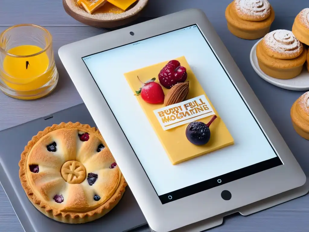 Tablet digital con revista de repostería, utensilios de cocina y postres