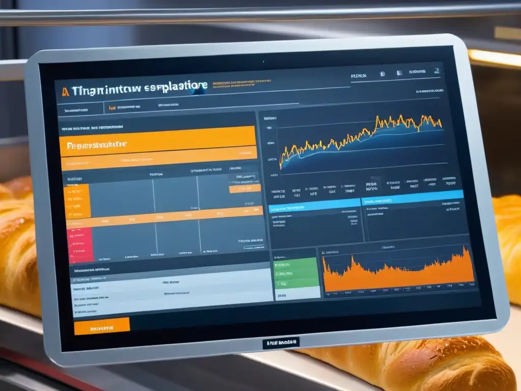 Una tablet moderna muestra software de gestión de ingredientes en una panadería, destacando eficiencia y precisión