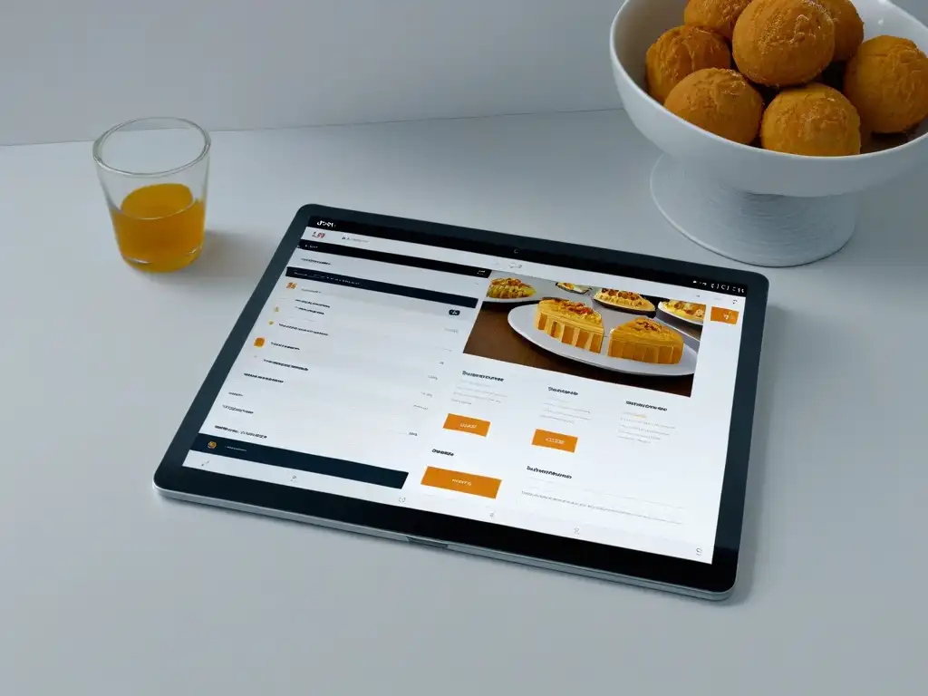 Un tablet moderno muestra una app para reposteros con gestión de pedidos y clientes