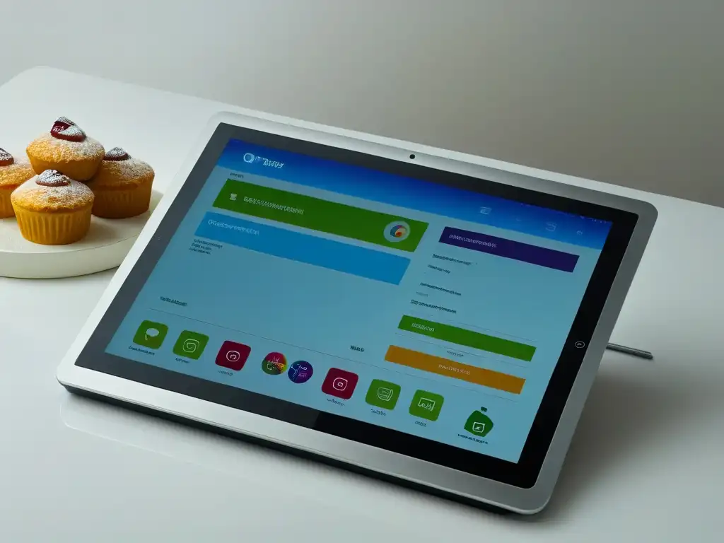Plataforma digital para concursos de repostería: intuitiva y vibrante Tableta digital elegante muestra plataforma para gestión concursos repostería con colores vibrantes y herramientas intuitivas
