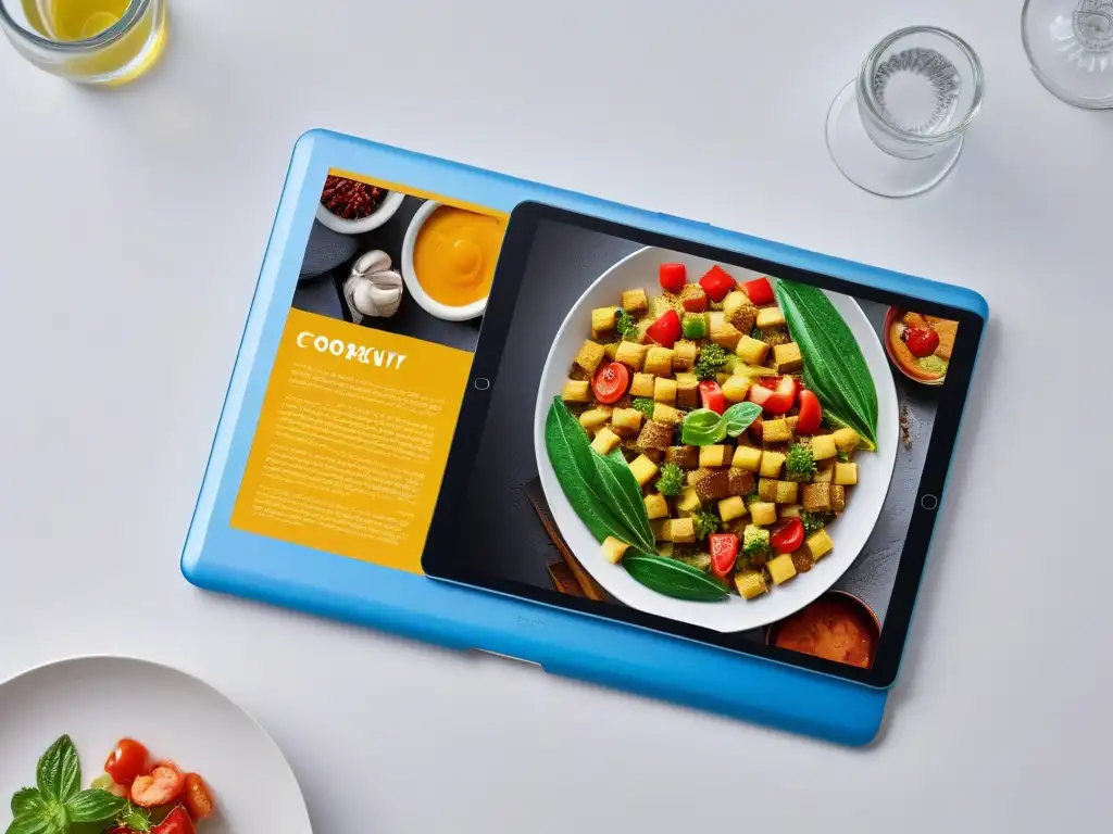 Tableta digital con libro de recetas vibrante y moderno