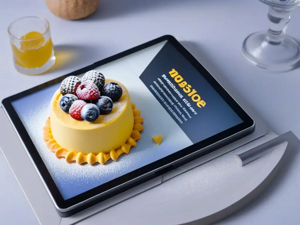 Tableta digital con revista de repostería innovadora en colores vibrantes y detalles intrincados