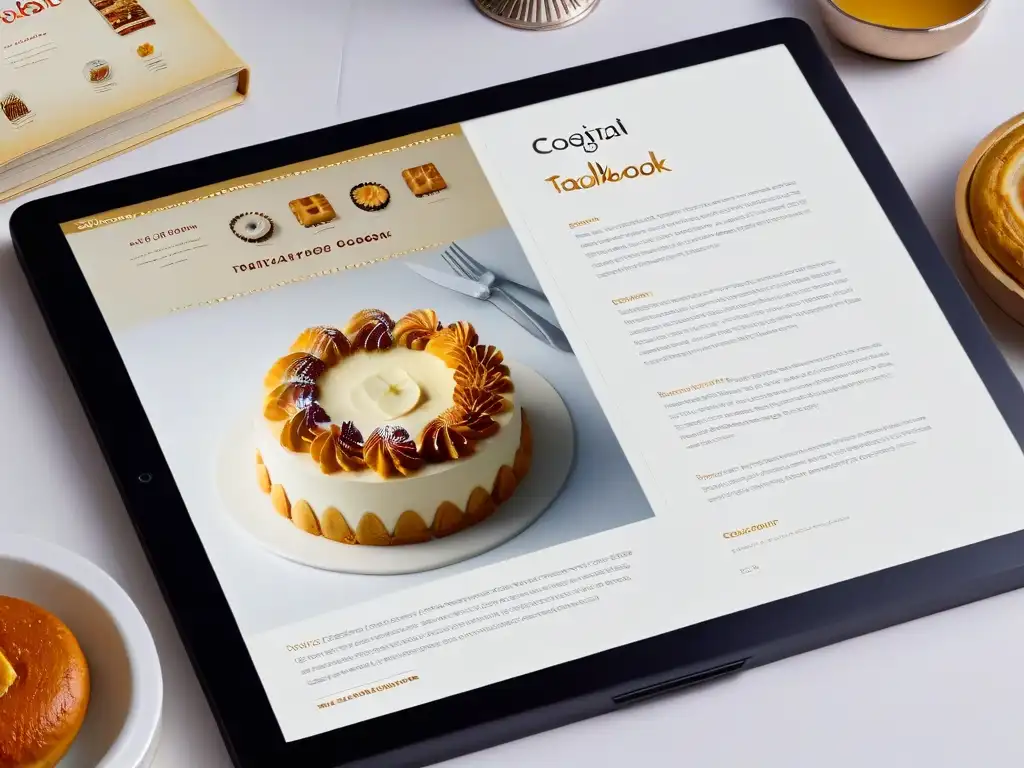 Tableta moderna muestra libro digital de repostería con ilustraciones detalladas