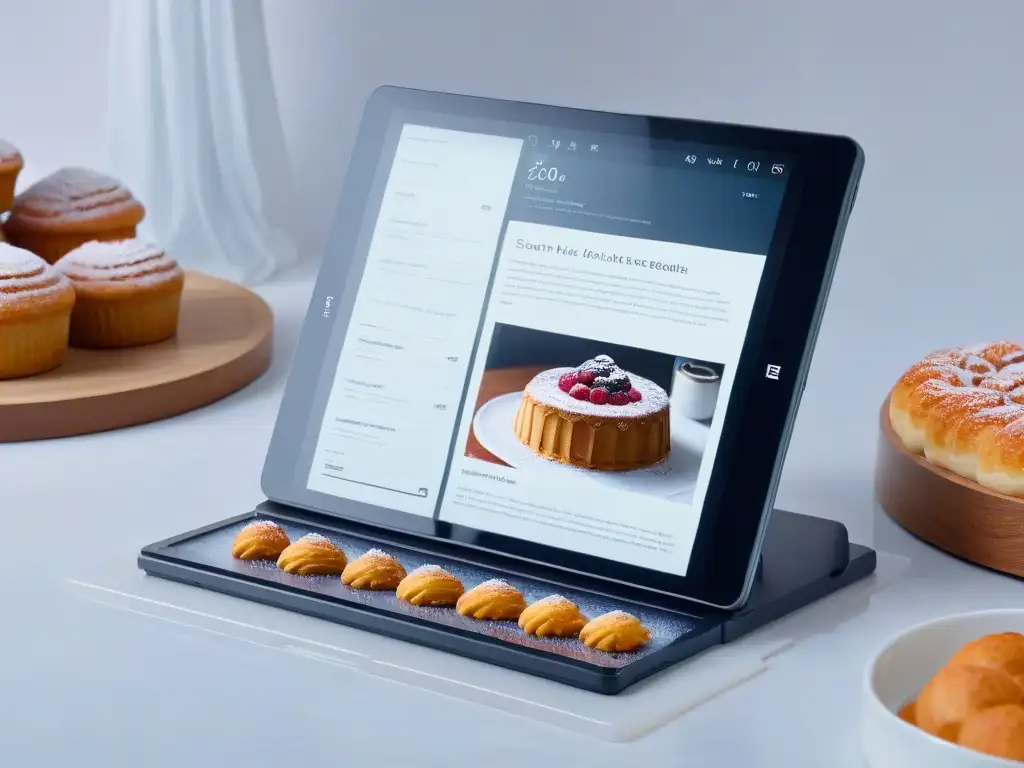 Una tableta moderna muestra un libro de recetas digital de repostería