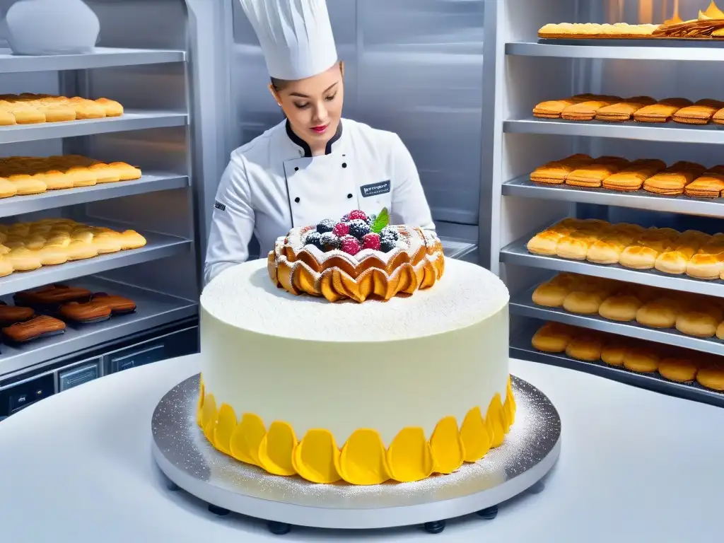El talento del chef en crear esculturas de azúcar, rodeado de repostería y utensilios, destaca la innovación en técnicas de repostería