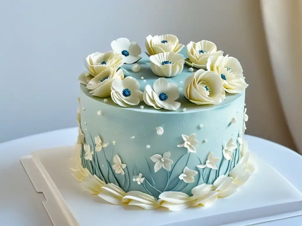 Talleres avanzados repostería maestro pastelero: Detalle exquisito de un pastel de bodas multicapa con flores de azúcar en tonos suaves