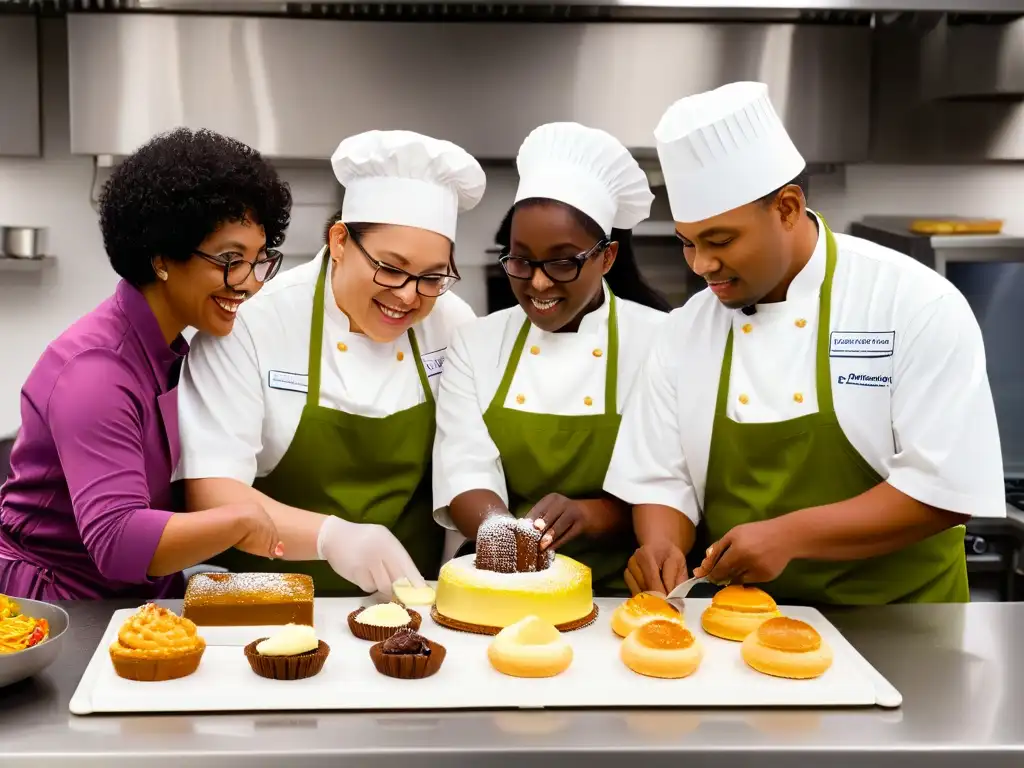 Talleres de repostería inclusiva adaptados: grupo diverso crea postres en cocina moderna, resaltando colaboración y alegría