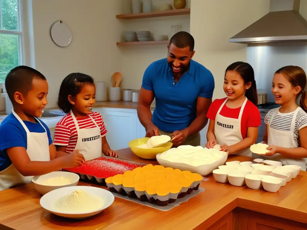 Talleres de repostería infantil en familia: Niños y padres felices horneando y decorando cupcakes juntos en una cocina soleada y colorida