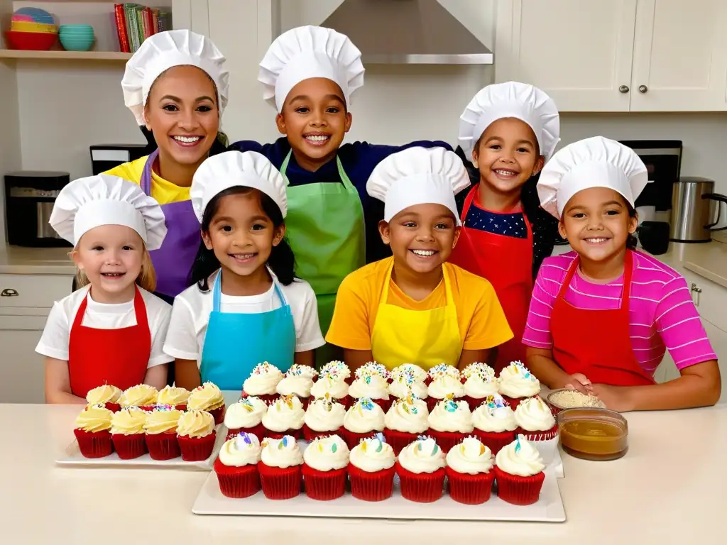 Talleres de repostería para niños: niños de diversas edades y orígenes decoran cupcakes con alegría en una cocina luminosa y acogedora