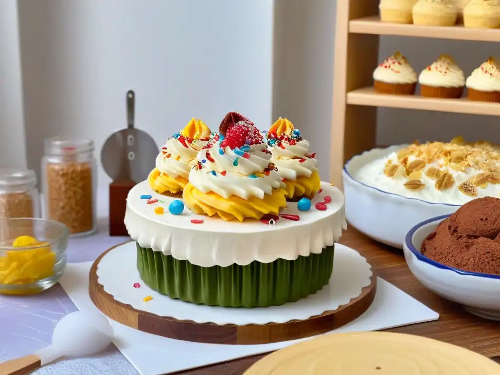 Talleres de repostería para niños: Un taller de cupcakes decorados con colores vibrantes y materiales ordenados en una mesa de madera larga