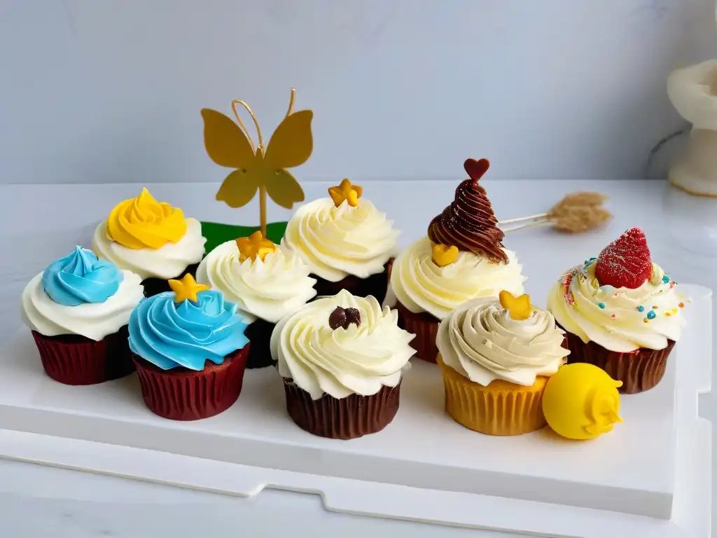 Talleres de repostería para niños: Una variedad colorida de cupcakes decorados con detalle, sobre un elegante mostrador de mármol blanco