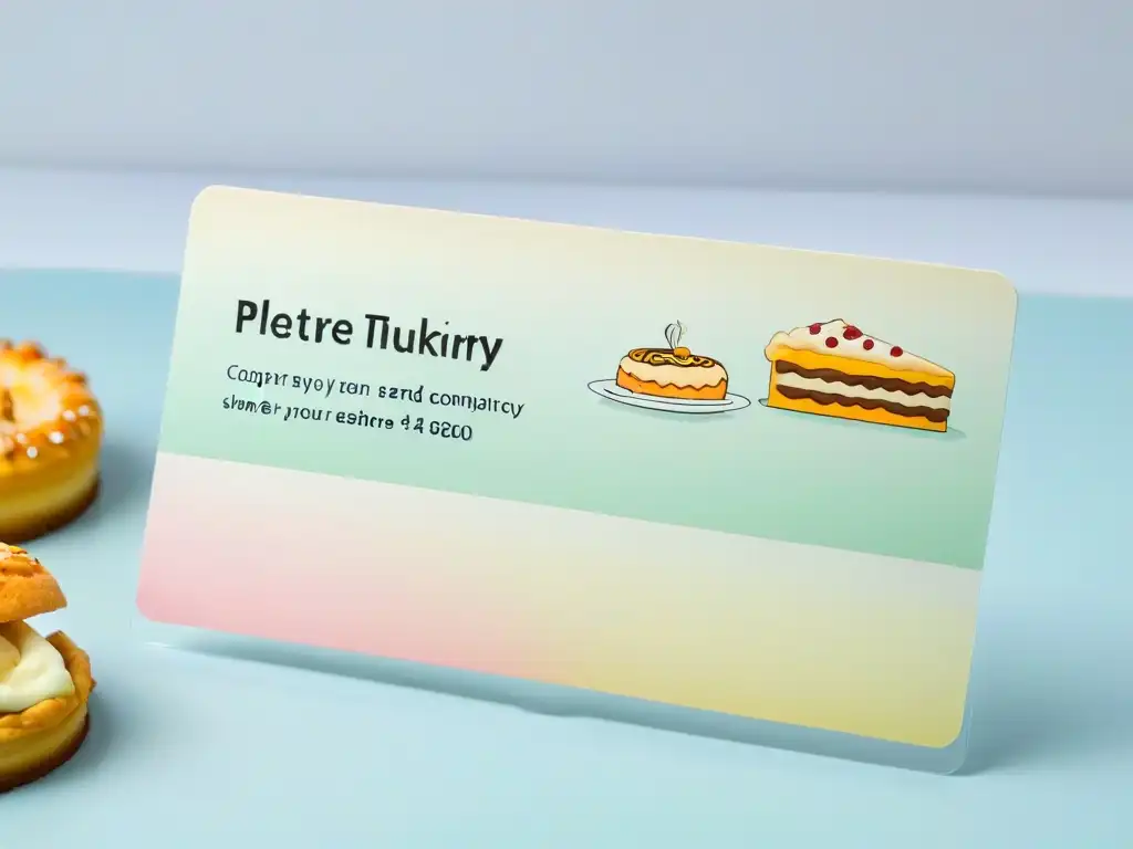 Una tarjeta de fidelización elegante para pastelería con colores pastel, ilustraciones de repostería y tipografía moderna, ideal para programas de fidelización para pastelerías