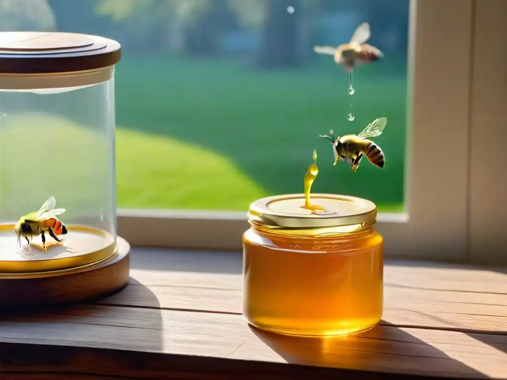 Tarro de cristal lleno de miel dorada sobre mesa de madera, bañado por luz natural, con abejas y recetas con miel de abeja