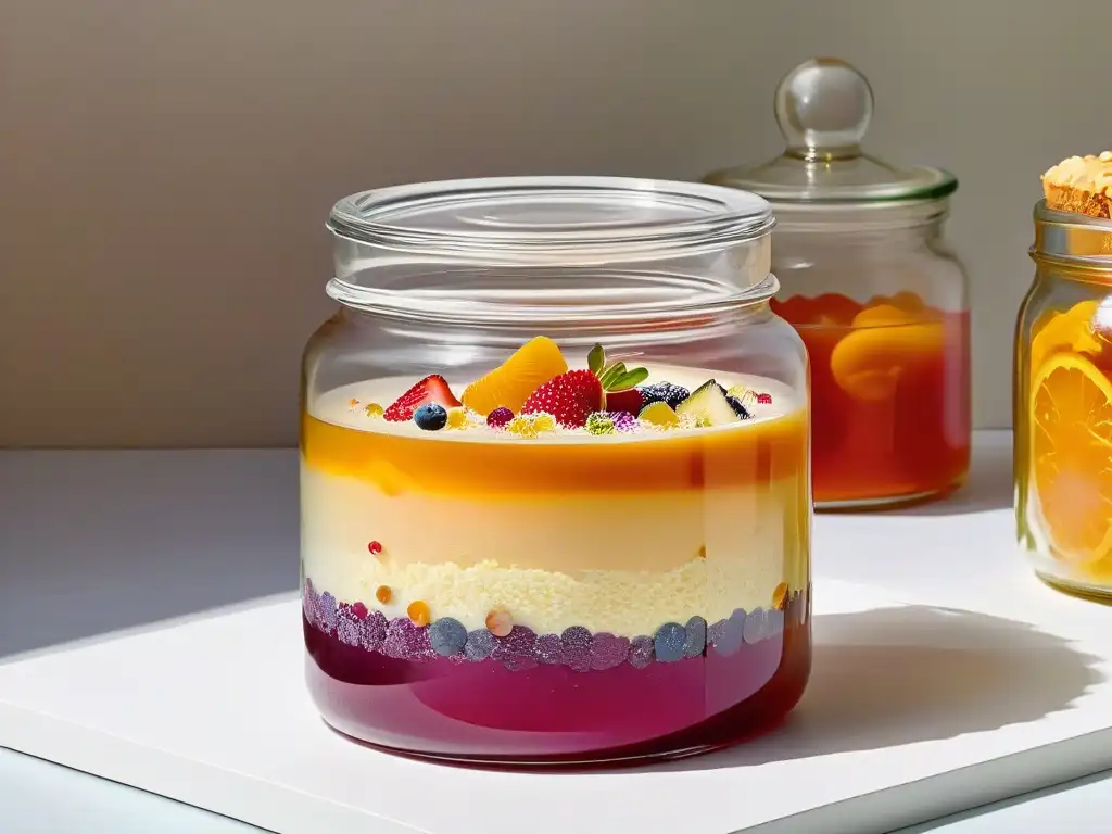 Tarro de postres fermentados en repostería con capas de ingredientes coloridos, burbujas y texturas vibrantes en elegante diseño minimalista