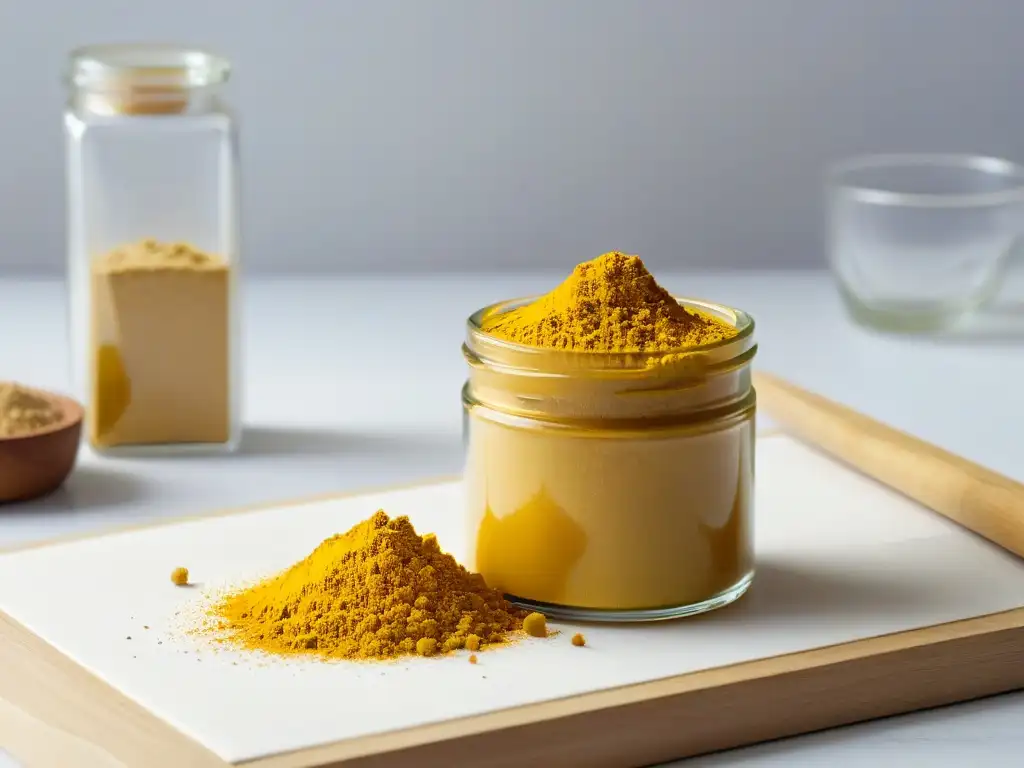 Un tarro de vidrio con polvo amarillo de maca en un elegante mostrador de cocina, iluminado suavemente