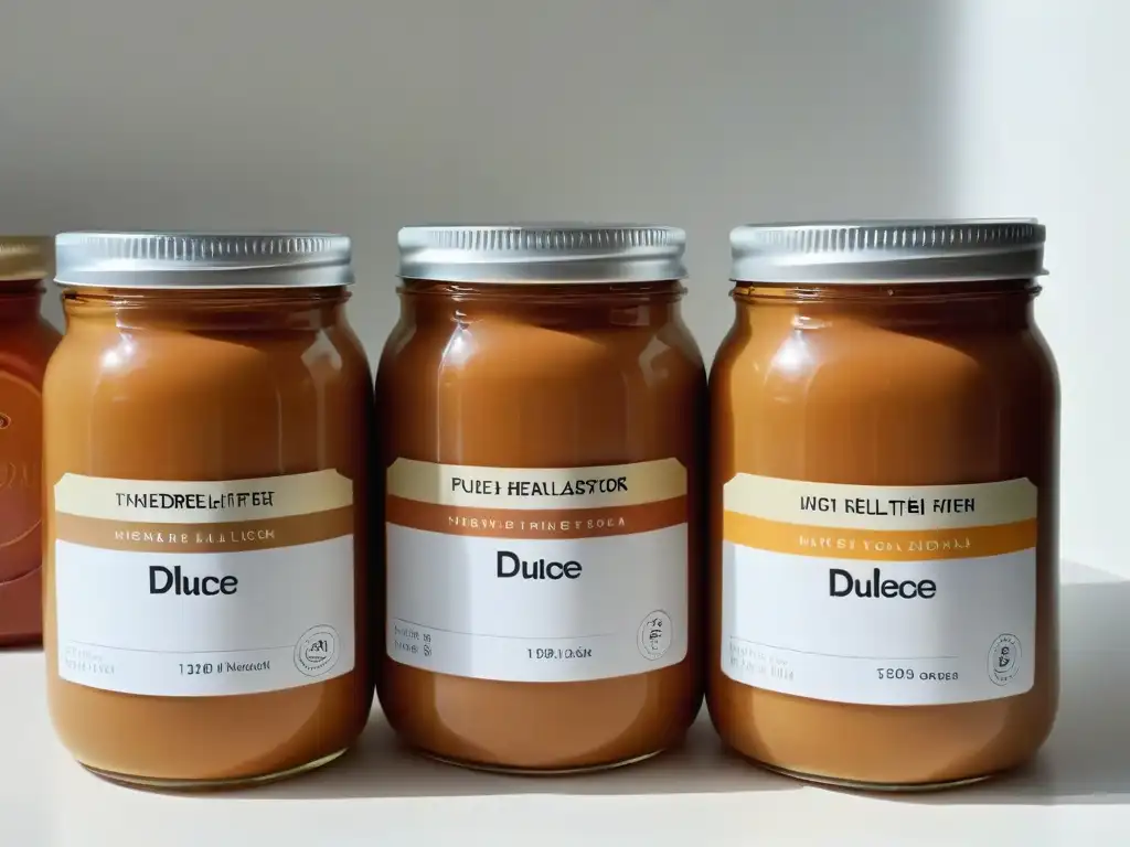 Dos tarros de dulce de leche, uno tradicional y otro saludable, contrastan en una cocina moderna con luz natural