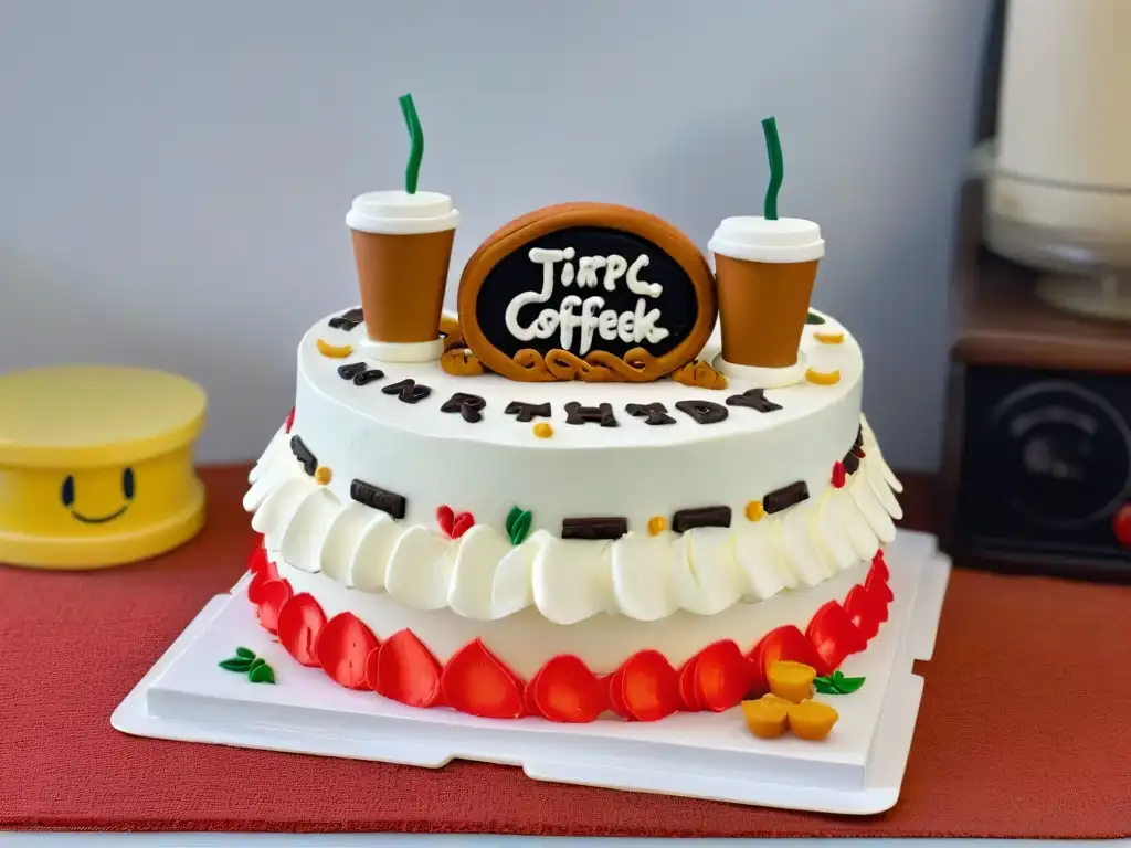 Una tarta decorada con detalles inspirados en Friends, mostrando siluetas de los personajes y la cafetería Central Perk