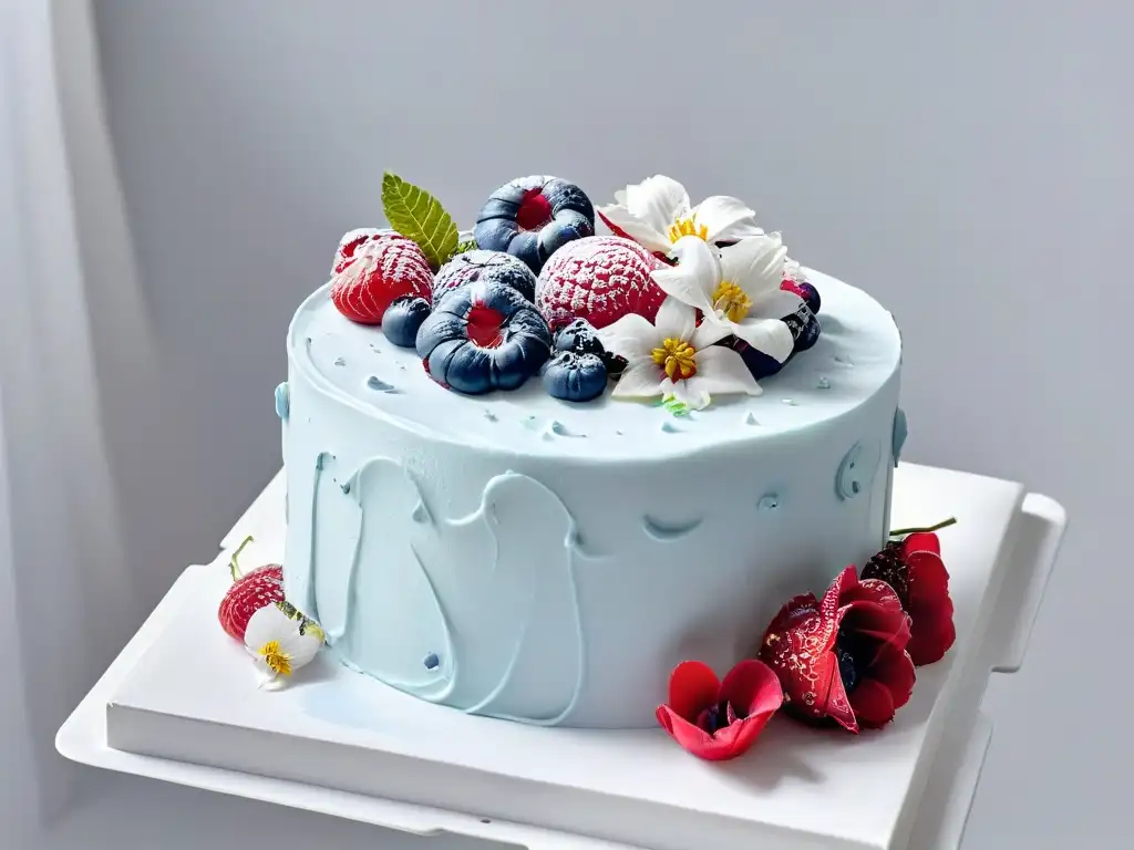 Tarta para diabéticos sin azúcar, decorada con elegancia en tonos pastel y frutos rojos, sobre un elegante pedestal blanco