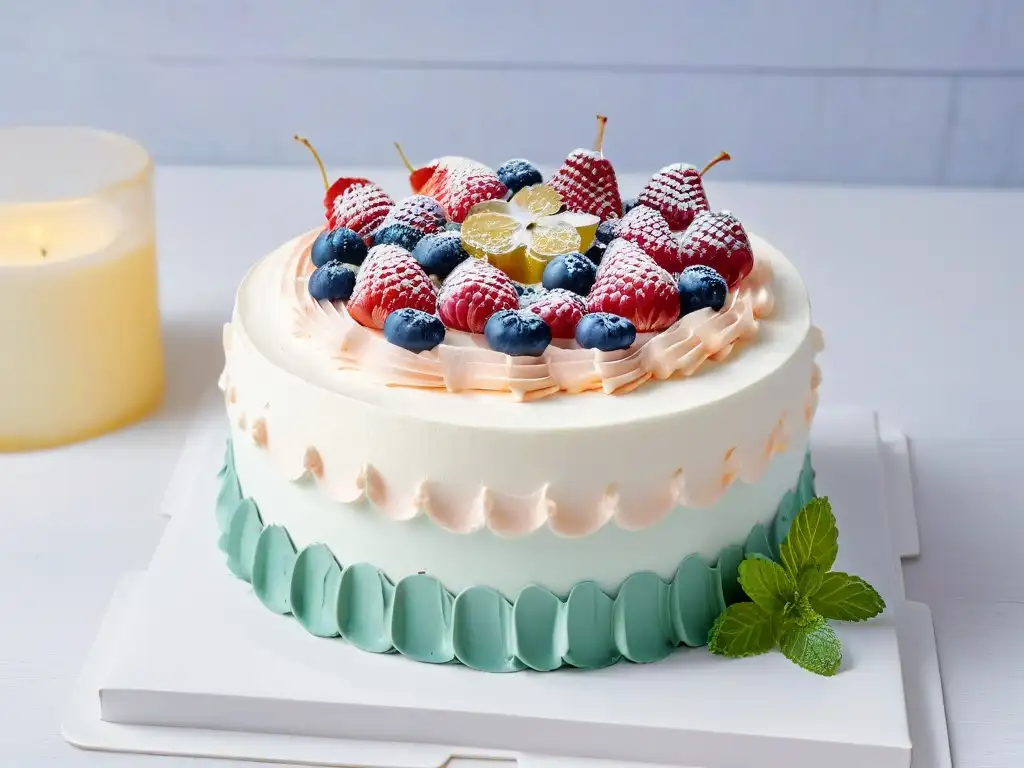 Tarta para diabéticos sin azúcar decorada con detalles elegantes en colores pastel y frutos rojos frescos