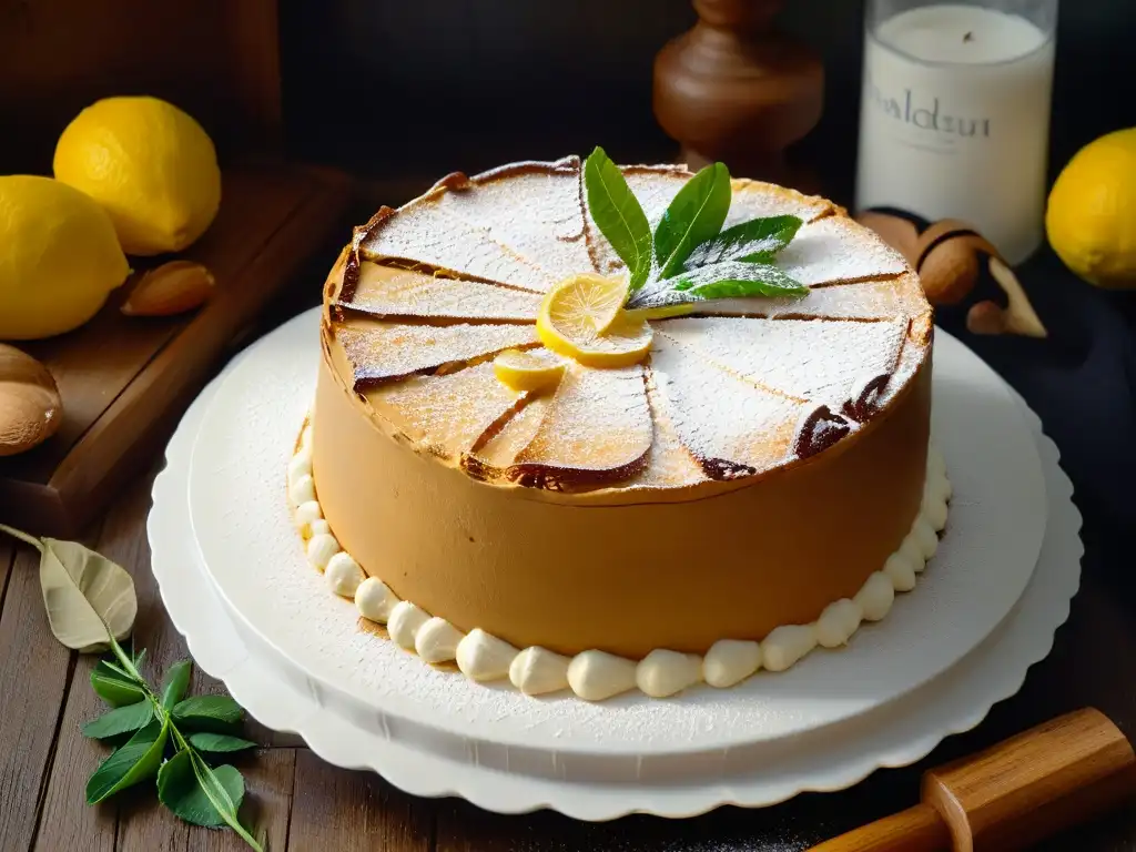 Una Tarta de Santiago dorada en una mesa rústica con almendras y limón, una composición que evoca la historia de la repostería gallega