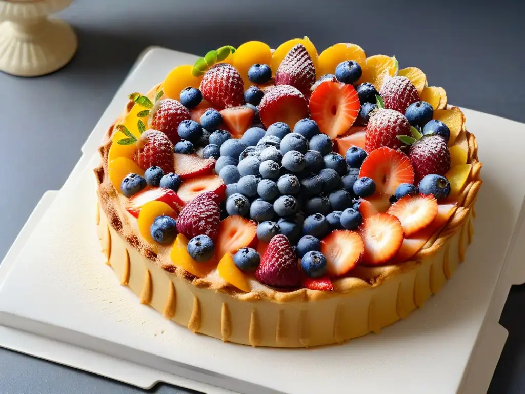 Una tarta de frutas perfecta y lujosa, con fresas, arándanos, kiwi y mandarinas sobre una encimera de mármol blanco