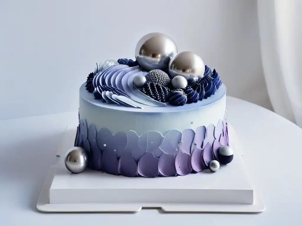 Tarta futurista de diseño con patrones geométricos y detalles metálicos, en un pedestal blanco