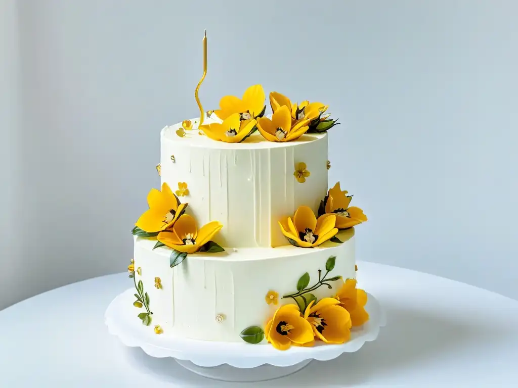 Tarta sin gluten decorada con flores comestibles y detalles elegantes en taller de repostería sin gluten