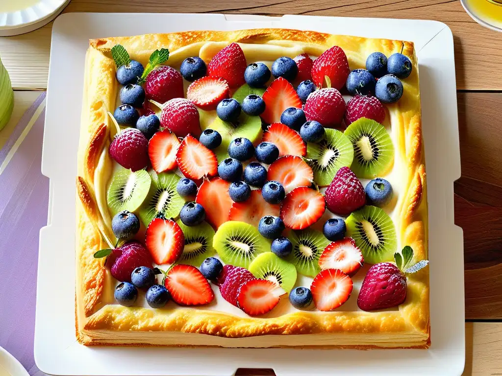 Tarta hojaldre crema frutas renovado: Deliciosa tarta con frutas frescas y crema de vainilla, en un elegante diseño