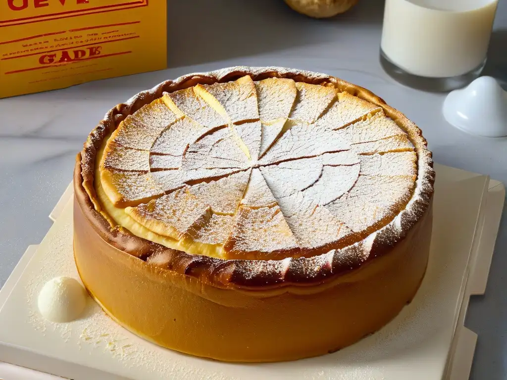 Una Tarta de Santiago dorada y húmeda, con textura de almendra y azúcar glas formando un patrón delicado
