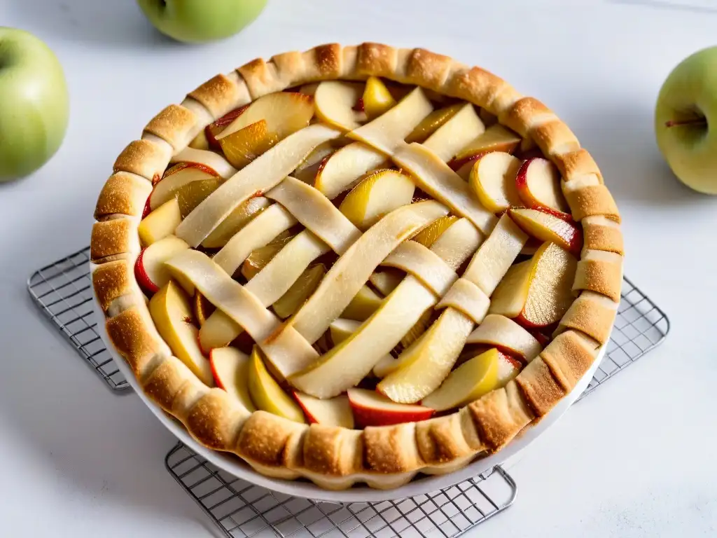 Una tarta de manzana sin gluten recién horneada y decorada con rodajas de manzana, espolvoreada con canela, sobre una rejilla de enfriamiento