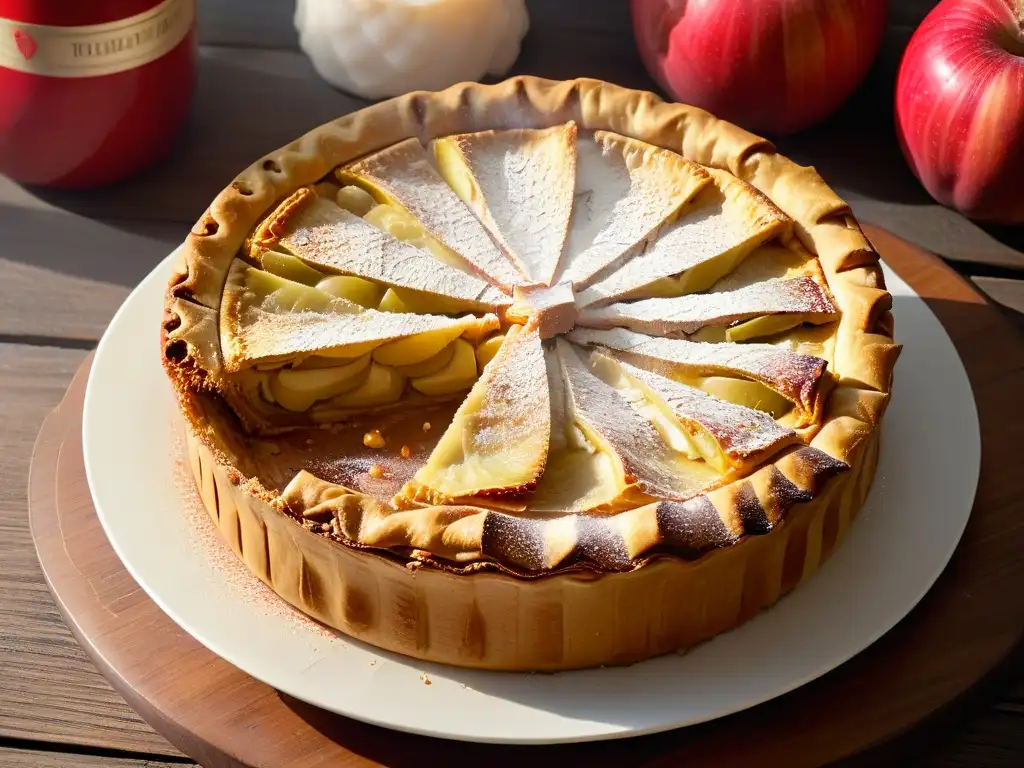 Tarta de manzana sin gluten recién horneada, dorada y deliciosa, con vapor aromático y canela espolvoreada, sobre mesa rústica